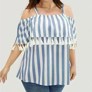 NWT!Stripe print tassel trim cold shoulder blouse size 12 or Large